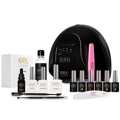 Gelstory complete works kit, led nail lamp kit, gel nail polish set, gel remover, prep and cleanse, no wipe top coat and base coat, lint free wipes, cuticle oil, and all the nail tools