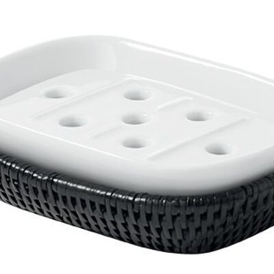 Alzéa soap dish in black rattan and porcelain