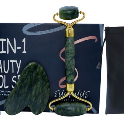Jade Roller, Gua Sha & Mask Brush Set Facial Beauty Tools 3-in-1 Kit