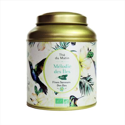 FINES SAVEURS DES ÎLES - Thé exotique du matin Mélodie des îles BIO - Thé vert China Sencha, pomme, hibiscus, thé vert China Jasmin, coco, basilic, arôme naturel, graine de coriande, fleurs de souci, groseille - boîte en metal 100g