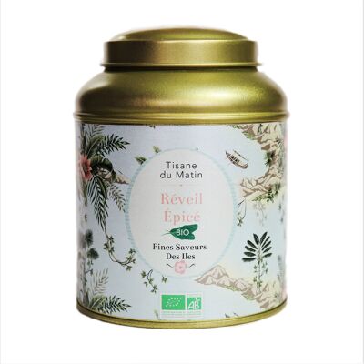 FINES SAVEURS DES ÎLES - Tisane exotique du matin Réveil Épicé BIO - Mélange d'épices (Gingembre, cannelle, curcuma, clou de girofle, etc.) - Boîte métal 100g