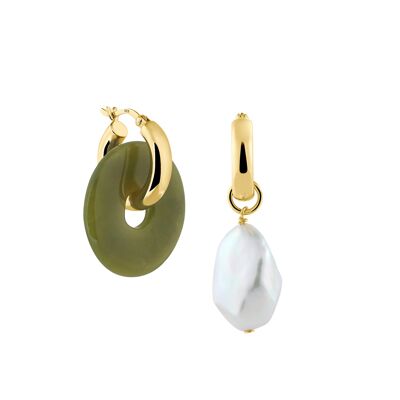 Creoles + Big Jade - Gold - Creoles round - Big Jade + Baroque Pearl