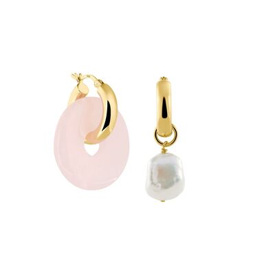 Creoles + Big Rose Quartz - Gold - Creoles round - Big Rose Quartz + Keshi Pearl