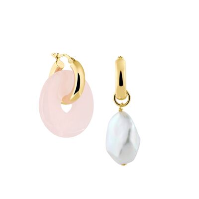 Creoles + Big Rose Quartz - Gold - Creoles round - Big Rose Quartz + Baroque Pearl