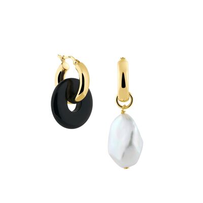 Creoles + Medium Onyx - Gold - Creoles round - Medium Onyx + Baroque Pearl