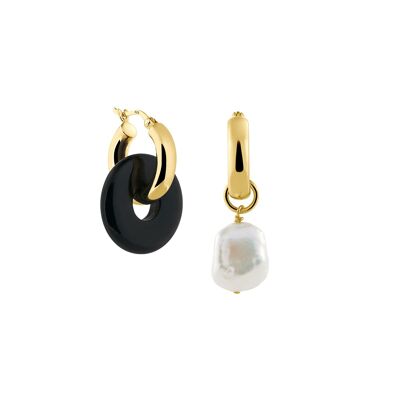 Creoles + Medium Onyx - Gold - Creoles round - Medium Onyx + Keshi Pearl