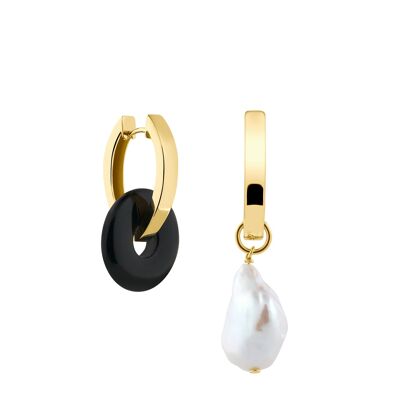 Creoles + Medium Onyx - Gold - Creoles oval - Medium Onyx + Baroque Pearl