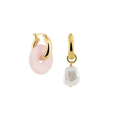 Creoles + Medium Rose Quartz - Gold - Creoles round - Medium Rose Quartz + Keshi Pearl