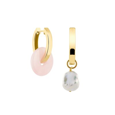 Creoles + Medium Rose Quartz - Gold - Creoles oval - Medium Rose Quartz + Keshi Pearl