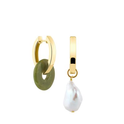 Creoles + Medium Jade - Gold - Creoles oval - Medium Jade + Baroque Pearl