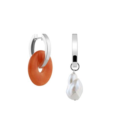 Oval Creoles + Big Orange Aventurine - Silver - Big Aventurine + Baroque Pearl