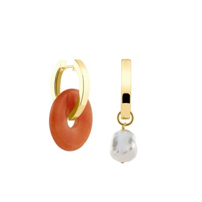 Creoles + Big Orange Aventurine - Gold - Creoles oval - Big Aventurine + Keshi Pearl