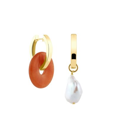 Creoles + Big Orange Aventurine - Gold - Creoles oval - Big Aventurine + Baroque Pearl