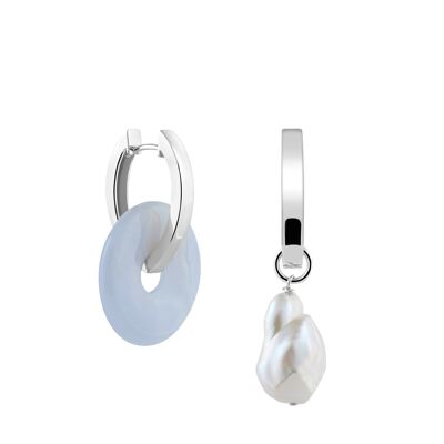 Oval Creoles + Big Chalcedony - Silver - Big Chalcedony + Baroque Pearl