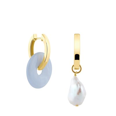 Creoles + Big Chalcedony - Gold - Creoles oval - Big Chalcedony + Baroque Pearl