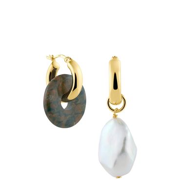 Creoles + Medium Rhyolite - Gold - Creoles round - Rhyolite + Baroque Pearl