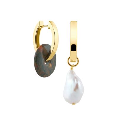 Creoles + Medium Rhyolite - Gold - Creoles oval - Rhyolite + Baroque Pearl