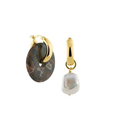 Creoles + Big Rhyolite - Gold - Creoles round - Rhyolite + Keshi Pearl