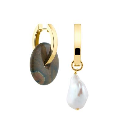 Creoles + Big Rhyolite - Gold - Creoles oval - Rhyolite + Baroque Pearl
