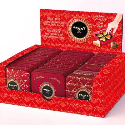 Expositor caja metálica 4 corazones praliné chocolate 3 decoraciones