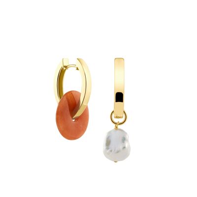 Creoles + Medium Orange Aventurine - Gold - Creoles oval - Aventurine + Keshi Pearl