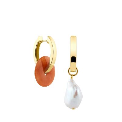 Creoles + Medium Orange Aventurine - Gold - Creoles oval - Aventurine + Baroque Pearl