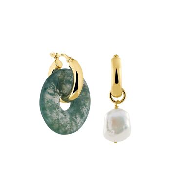 Creoles + Big Moss Agate - Gold - Creoles round - Moss Agate + Keshi Pearl