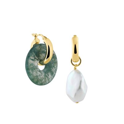 Creoles + Big Moss Agate - Gold - Creoles round - Moss Agate + Baroque Pearl