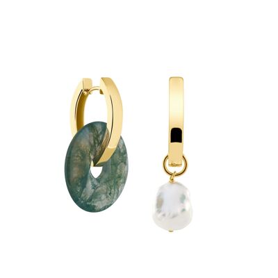Creoles + Big Moss Agate - Gold - Creoles oval - Moss Agate + Keshi Pearl