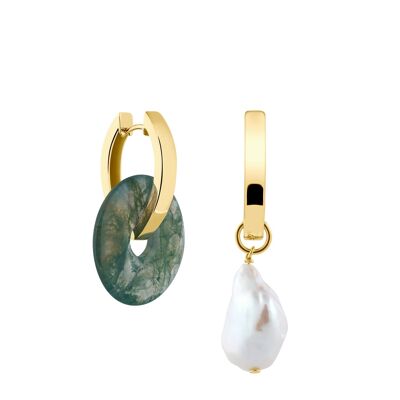 Creoles + Big Moss Agate - Gold - Creoles oval - Moss Agate + Baroque Pearl