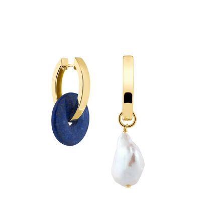 Creoles + Medium Blue Lapis - Gold - Creoles oval - Blue Lapis + Baroque Pearl