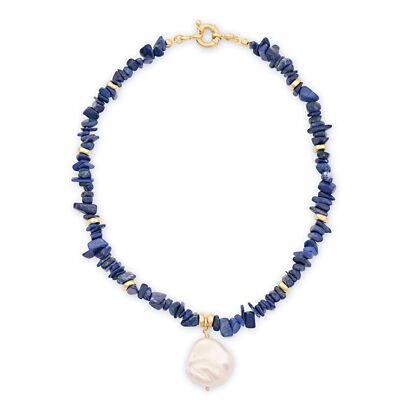 Blue Lapis Chain - Blue Lapis + Big Baroque Pearl