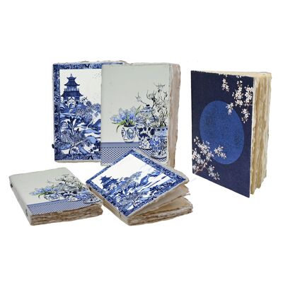 Carnet en papier parchemin Japon, motif sakura, pagode et vase, bleu, format A5