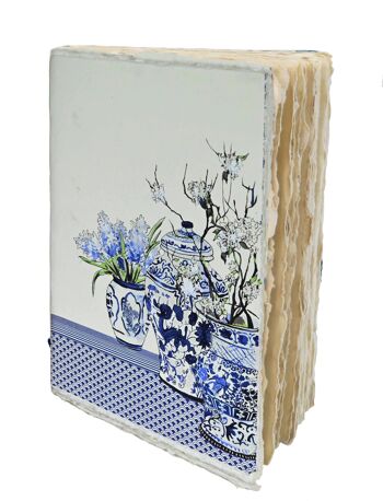 Carnet en papier parchemin Japon, motif sakura, pagode et vase, bleu, format A5 2