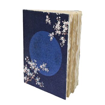 Carnet en papier parchemin Japon, motif sakura, pagode et vase, bleu, format A5 4