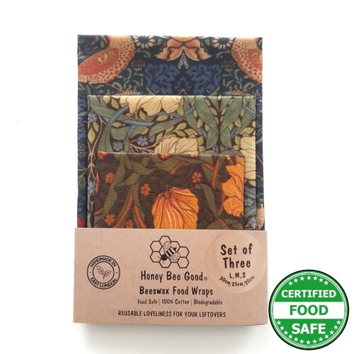William Morris | 3 (L,M,S) Beeswax Wraps | Handmade in the UK | Strawberry Thief