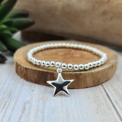 Bracelet argent 925 - perles 4mm- pendentif étoile pointue bombée