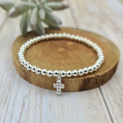 Bracelet argent 925 - perles 4mm - pendentif croix zircon cristal