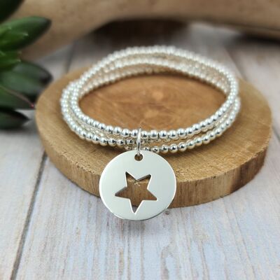 Bracelet argent 925 - triple rang perles 3mm- pendentif étoile évidée