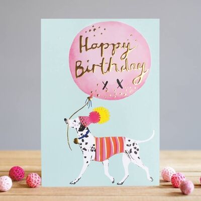 Feliz cumpleaños perro dálmata con globos