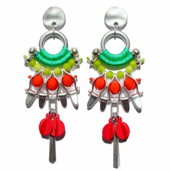 Pendientes GORGONA verde, rojo coral y naranja con piezas de plata 1