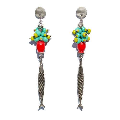 TAGANGA red, aqua and green statement earrings with fish pendants