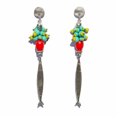 Boucles d'oreilles TAGANGA rouge, aqua et vert avec pendentifs poissons