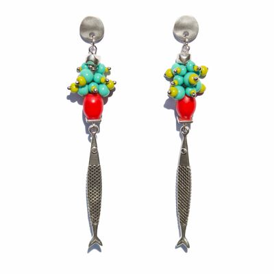 TAGANGA red, aqua and green statement earrings with fish pendants