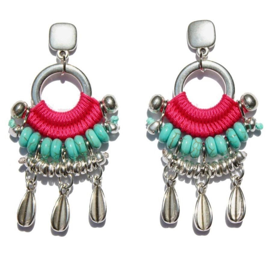 CACHIPAY pendientes fucsia llamativos cuentas turquesas y colgantes de plata
