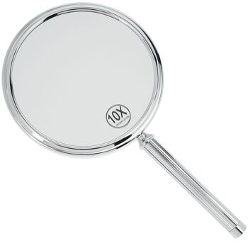 Miroir à main en métal, chromé, avec grossissement 10x et 1x, Ø 13 cm, longueur : 28,5 cm 1