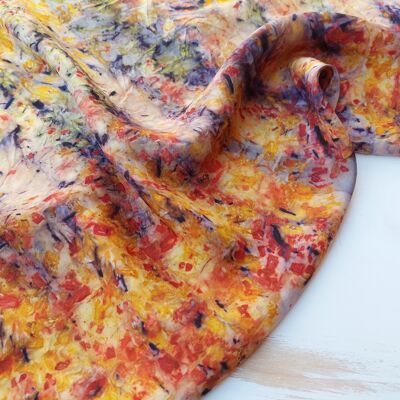 Hand-dyed multicolored silk bandana.