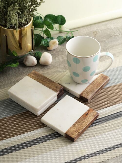 Set of 4 Marble & Wood Coasters Square Coaster Set