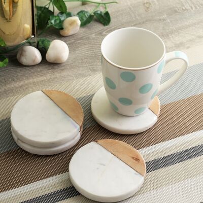 Set of 4 Marble & Wood Coasters Round Coaster Set