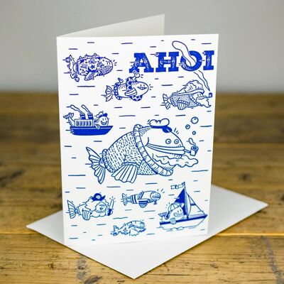 Carte de voeux maritime AHOY - Carte pliante école de poisson imprimée à la main avec enveloppe